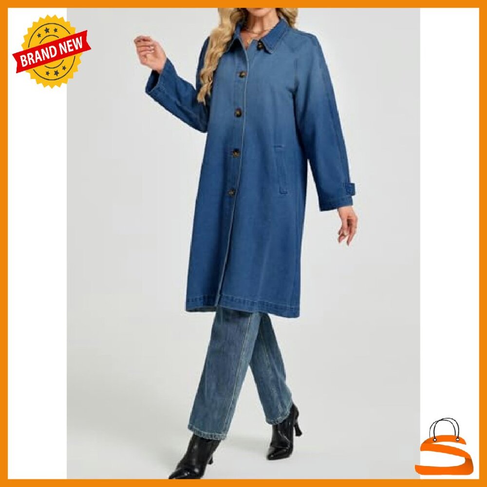 Oversized Denim Trench Coat Midi Length Casual Jacket Women's - Picture 7 of 8
